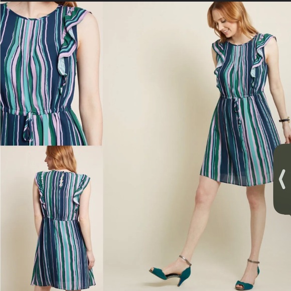 Modcloth Get Into The Ruffle Multicolored Striped Ruffle Tie Waist Dress NWOT L - Picture 3 of 16